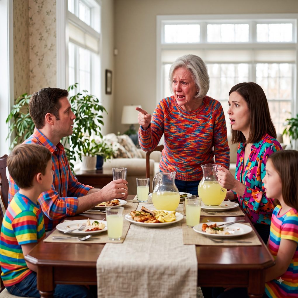 My daughter-in-law poured ice-cold lemonade for everyone at the crowded Sunday dinner table—except me. When I held out my empty glass, she smiled sweetly and whispered, “Oh, that’s only for family.” I set my glass down without saying a word, pulled out my phone, and ruined her life before dessert was served.