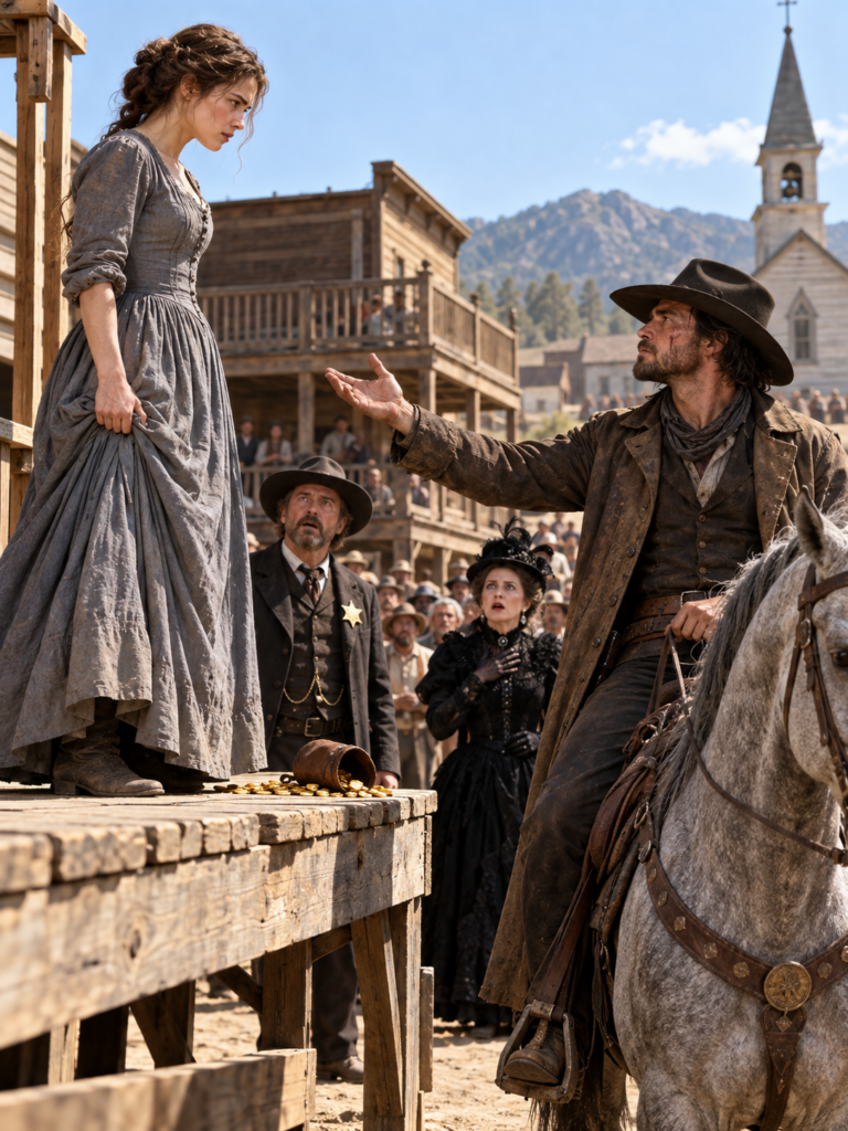 Her Stepmother Put Her on an Auction Block Three Days After Her Father’s Burial—Then the Most Feared Cowboy in the Territory Rode Into Town, Offered $2,000 in Gold, and Whispered That Her Dead Father Had Left Behind Evidence Someone Was Willing to Kill For