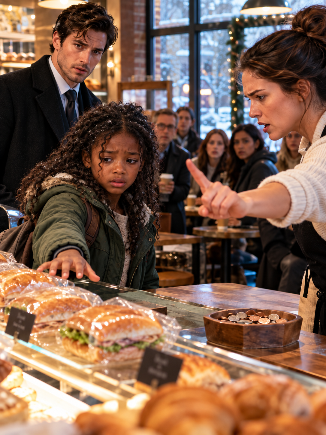 AFTER A HUNGRY TEN-YEAR-OLD GIRL WAS SHAMED FOR REACHING TOWARD A BAKERY SANDWICH, A QUIET BILLIONAIRE FOLLOWED HER INTO THE SNOW—AND FOUND THE FAMILY HIS SUCCESS COULD NEVER BUY THE GIRL’S HAND WAS THREE INCHES FROM THE SANDWICH WHEN THE CLERK’S VOICE STOPPED HER IN FRONT OF EVERYONE. SHE WHISPERED THAT HER LITTLE BROTHER HAD NOT EATEN SINCE YESTERDAY—THEN RAN INTO A SNOWSTORM WITH FOOD SHE HADN’T PAID FOR. CALDER REED THOUGHT HE WAS FOLLOWING A HUNGRY CHILD; HE HAD NO IDEA THE BUILDING SHE LED HIM TO WAS CONNECTED TO HIS OWN COMPANY. – Life Story