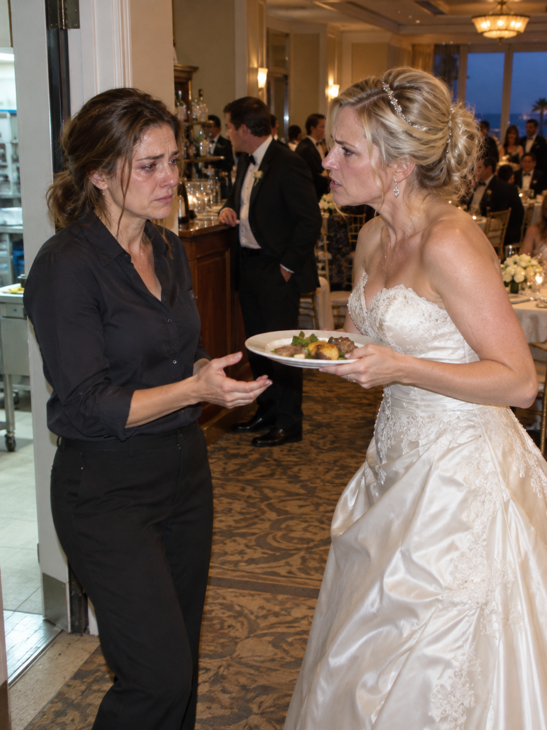 love-At my former fiancé’s wedding, his bride took a dinner plate from my hand and said, “Employees eat downstairs. Not in the ballroom.” He stood near the bar and barely recognized me. I could have told her I owned the coastal hotel where they were celebrating, but I walked into the service corridor instead. Seven minutes later, the kitchen stopped serving dinner, the bar closed, and their expensive reception began falling apart…