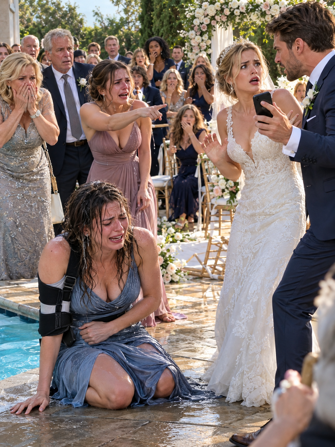 My sister shoved me into the pool at her wedding while my right shoulder was locked in a medical brace