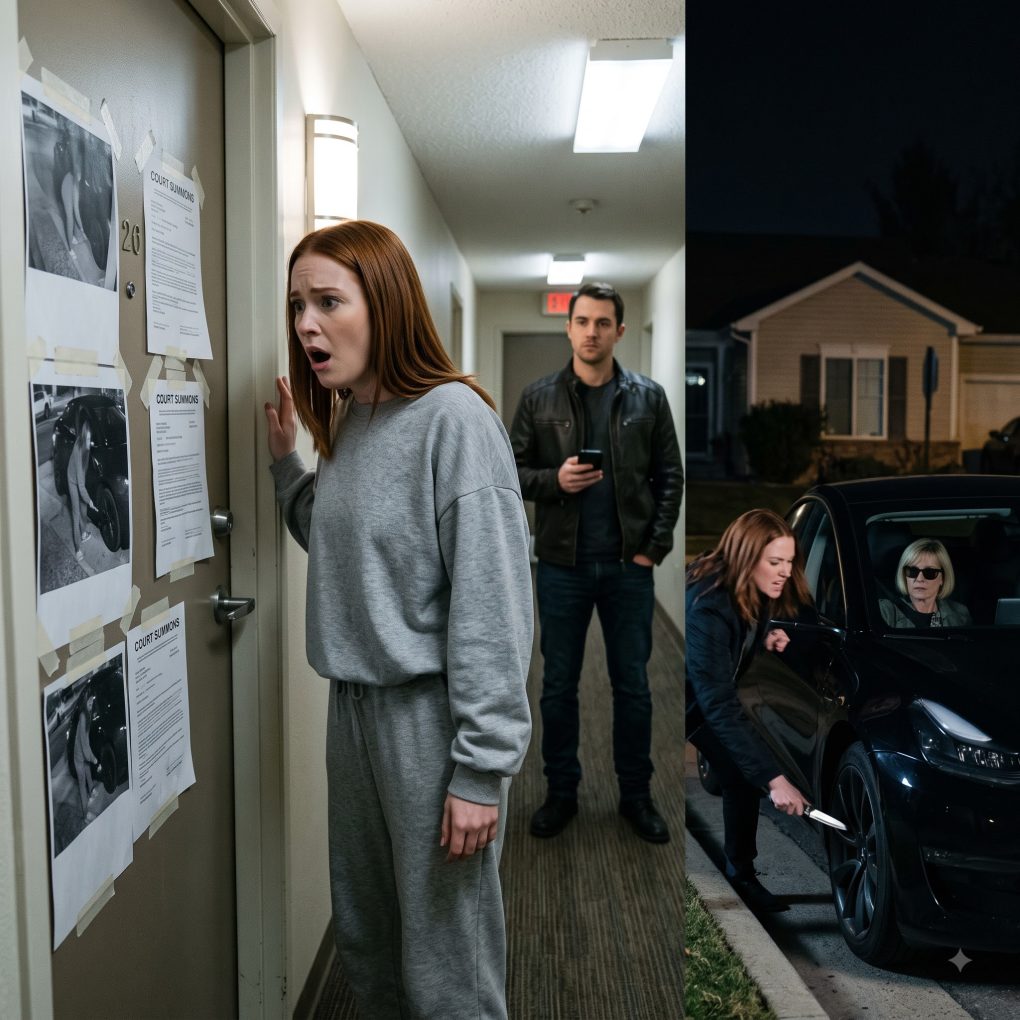 My sister slashed every tire on my $54,000 Tesla because I refused to fund her $20,000 vacation, while Mom sat in the passenger seat watching. But at 8:10 Saturday morning, Celeste opened her apartment door to find her own face taped across it—and realized I was done protecting her.