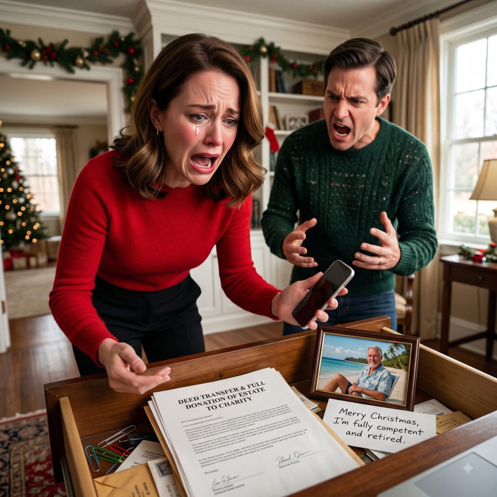 Nine days before Christmas, I caught my daughter plotting to commit me to an asylum and seize my house. On Christmas morning, she called asking where I was—I told her to open my top desk drawer, and what she found inside made her scream in horror.
