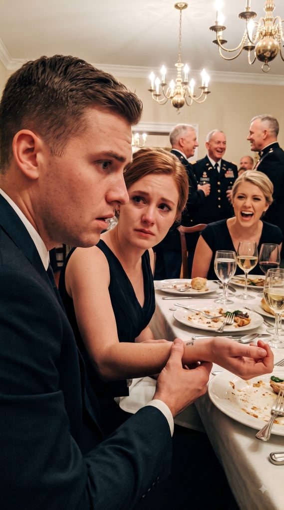 At our engagement dinner, my sister mocked me to his military family: “Basic training chewed her up in 19 days.” They all laughed while I sat there heartbroken, keeping my silence. As he passed me the bread, his thumb brushed my wrist and turned it over to read the back. He put the bread down, froze, and quietly said: “Excuse me. I need to make a call.”