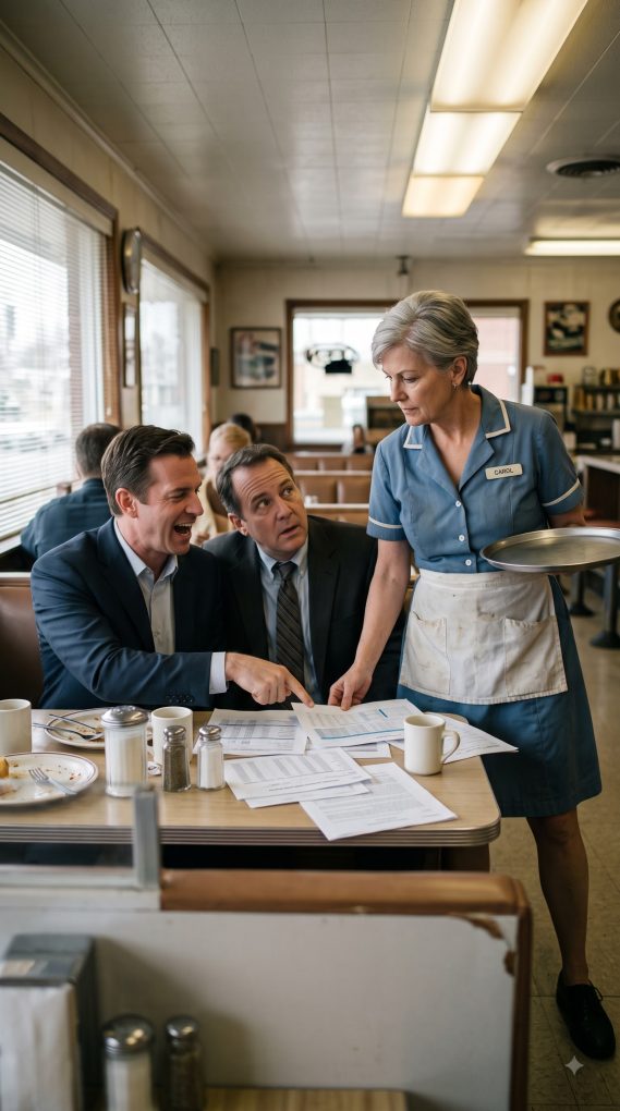 After my son’s fraud destroyed my company and reputation, I was forced to work as a waitress. One day, a wealthy businessman mocked me: “Any financial advice, waitress?” Looking at his papers, I warned him: “You’ll be bankrupt in six months.” He laughed it off, but at 6 AM sharp the next morning, he was at my door…