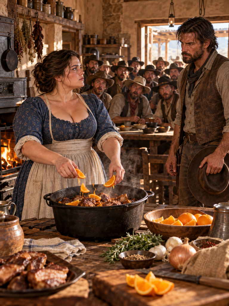 “Why Are You Putting Oranges in My Pork?” the Rancher Demanded Before 29 Hungry Cowboys—But When the New Cook Refused to Back Down, Her Unusual Supper Brought Him Into His Dead Wife’s Kitchen and Uncovered a Betrayal That Could Cost Him Every Head of Cattle He Owned