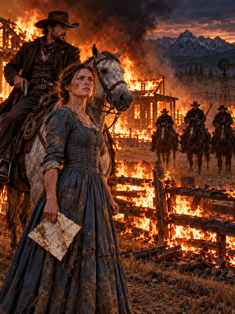 Outlaws Set Fire to a Montana Widow’s Ranch and Offered Her $200 to Leave—But When a Quiet Cowboy on a Gray Horse Stepped Between Her and Their Guns, Nobody Realized He Owned 40,000 Cattle or That the Men Threatening Her Had Already Stolen His Horses