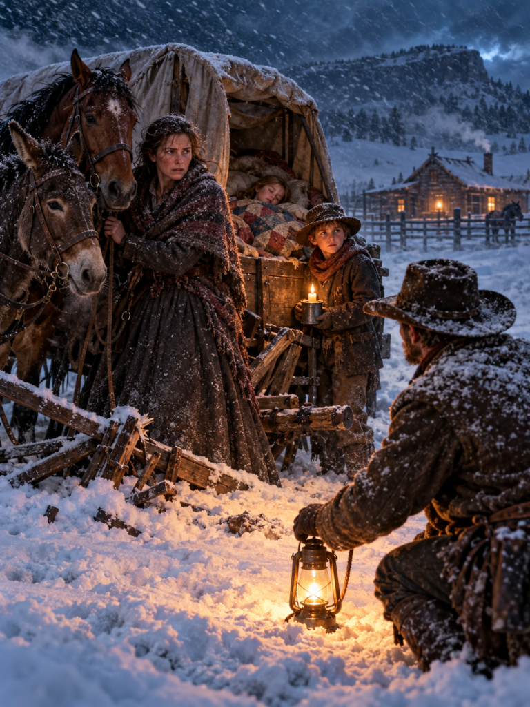 The Lonely Rancher Was Eating Christmas Eve Supper When a Widow’s Wagon Broke at His Gate—But After He Brought Her Two Children Inside, She Opened a Little Ledger and Insisted on Paying for Every Kindness, Never Suspecting Why He Had Left His Gate Unlatched for Six Years