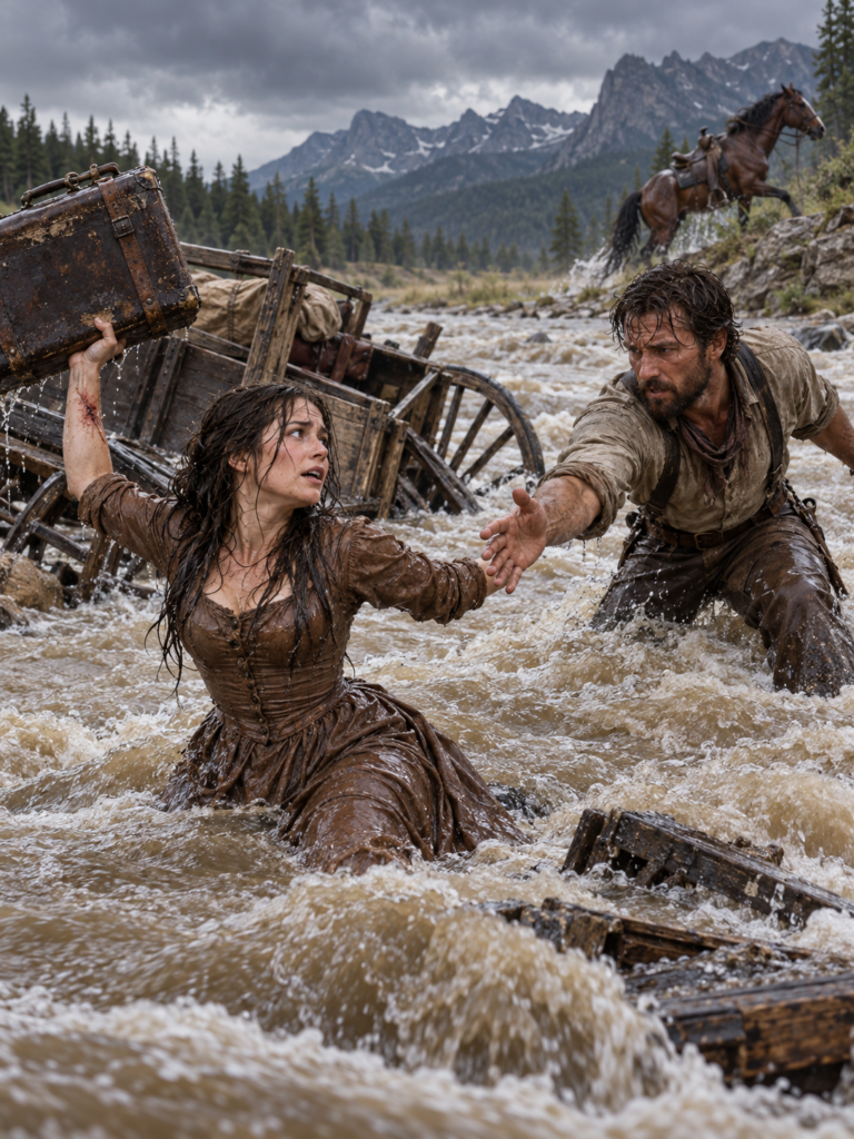 Her Wagon Sank in a Montana River, but Amelia Carter Refused to Release One Battered Suitcase—Then a Lonely Rancher Who Had Buried Both Parents and Sworn Never to Love Again Stepped Into the Current, Unaware That the Woman He Was Saving Would One Day Become His Wife
