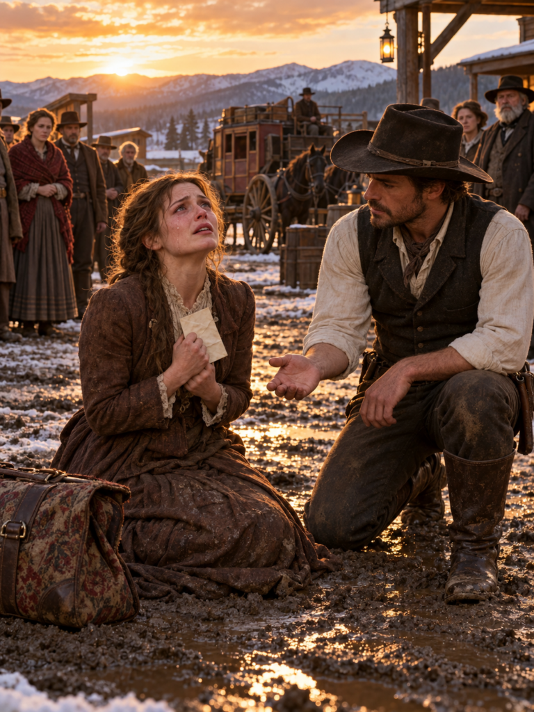 The Rancher Waited Three Hours for His Mail-Order Bride—But When She Fell From the Stagecoach, Clutching His Letter and Begging Him Not to Send Her Back, He Knelt Before the Watching Town, Offered His Hand, and Made a Promise That Would Soon Threaten Everything He Owned