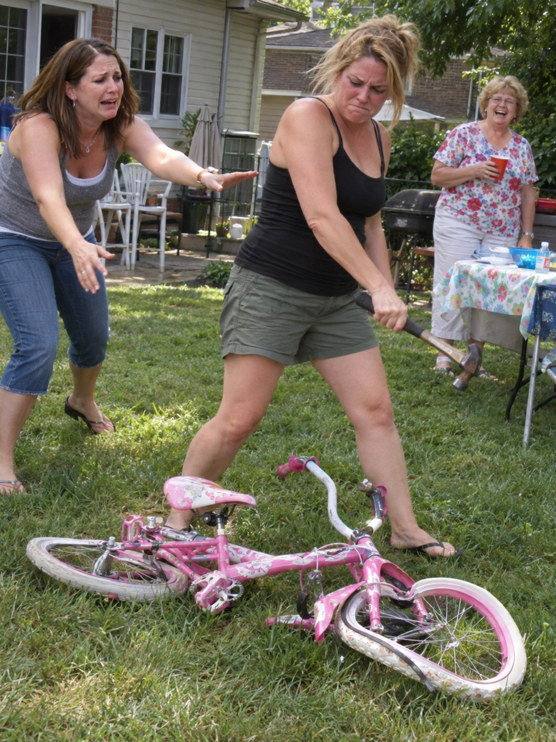My sister Vanessa grabbed a hammer at our Ohio family barbecue and smashed the pink bicycle