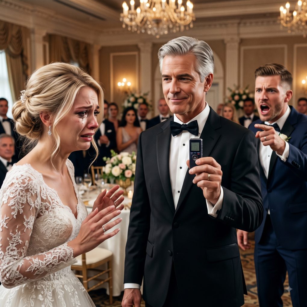 At my son’s wedding, his toxic bride cornered me and whispered a dark threat: ‘Buy us a house or I’ll lie and say you’re the father.’ I calmly reached into my suit pocket, and her face went ghost-white.