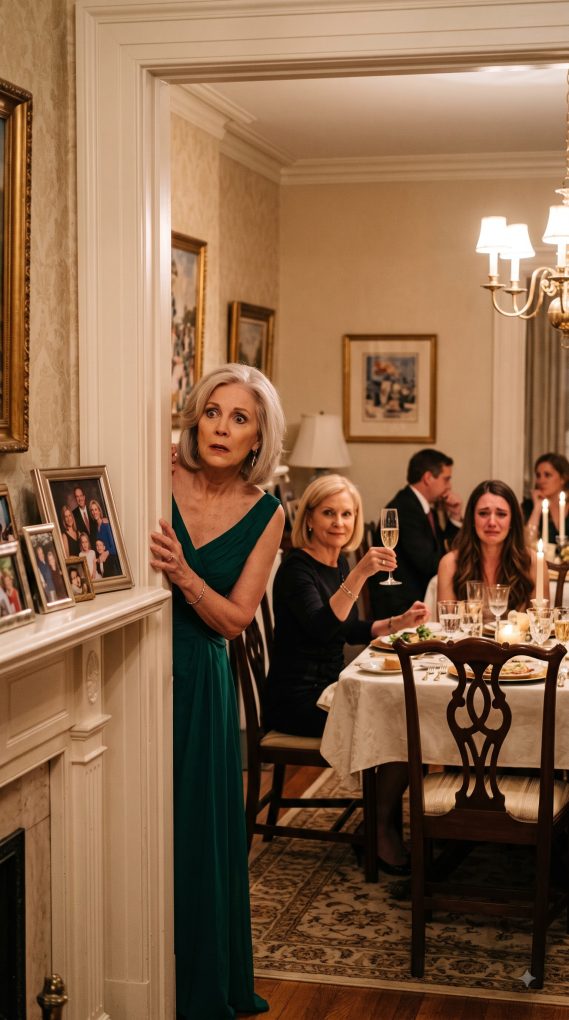 At our engagement dinner with 12 relatives, my own mother raised her glass to humiliate me: “To Kate, home after 6 years inside.” As my sister laughed into her napkin, my heart shattered into pieces. But the groom’s mother froze at the doorway, staring between me and the photo on her mantel in sheer disbelief. My mother kept smiling cruelly: “Tell them about your cellmate…”