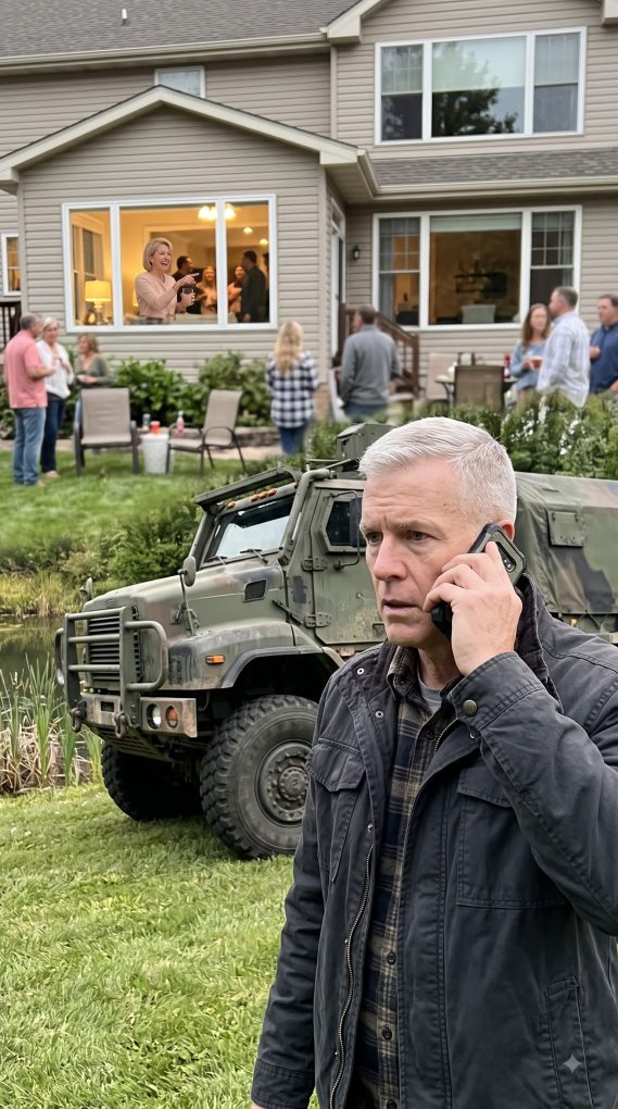 At mom’s party, she introduced me with a laugh: “This is my daughter. She drives trucks for the army.” Everyone snickered as she added, “She parked down by the pond, thank God.” But a retired Sergeant Major walking his dog froze when he saw my military vehicle and turned pale. Six minutes after he made a frantic call, neighbors rushed out and someone pounded on mom’s door…