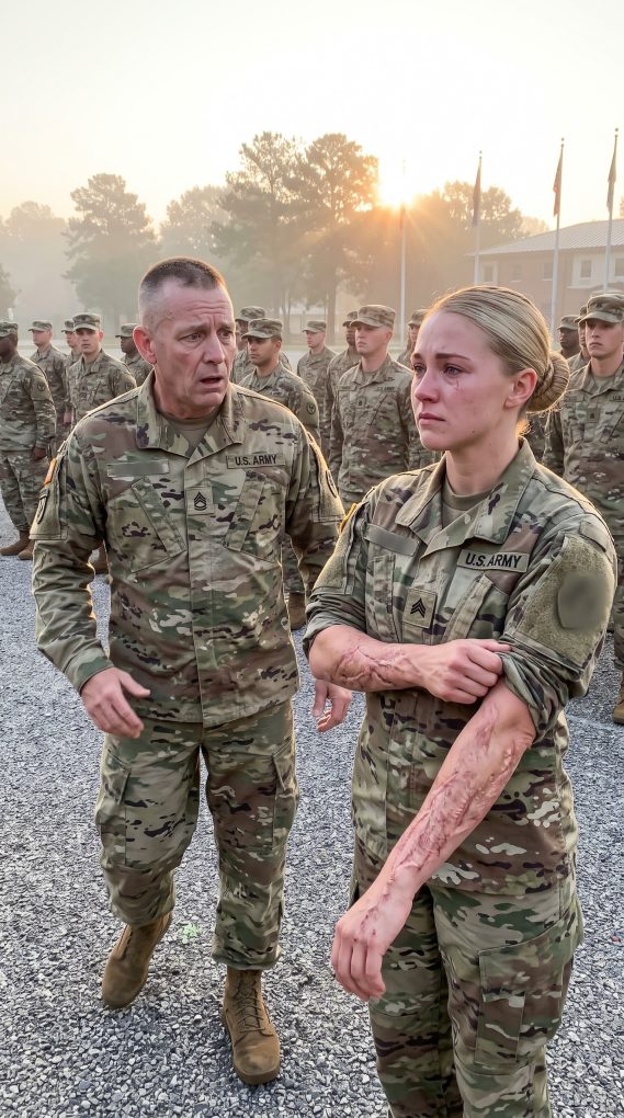 At 0630 under 94-degree heat, 140 soldiers rolled their sleeves, but mine stayed down. “Rules apply to you too, Sergeant. Roll them. Now,” the First Sergeant ordered sharply. With my eyes front, I slowly rolled them up, unable to hide the painful truth. He went deathly white, and the laughter in the ranks instantly died into complete silence…