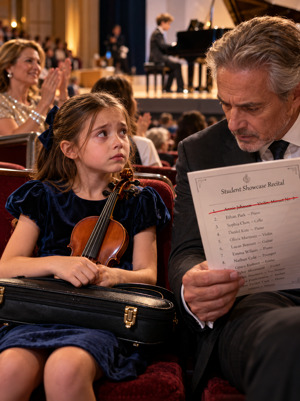 MY DAUGHTER SAT WITH HER VIOLIN AS EVERY OTHER NAME WAS CALLED—THEN THE MAN WHO FUNDED THE SHOWCASE NOTICED THE RED LINE ACROSS HERS – Life Story